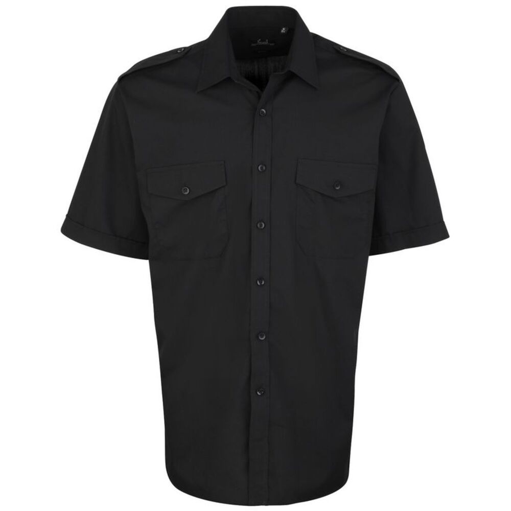 Premier Mens Short Sleeve Pilot Plain Work Shirt / Black